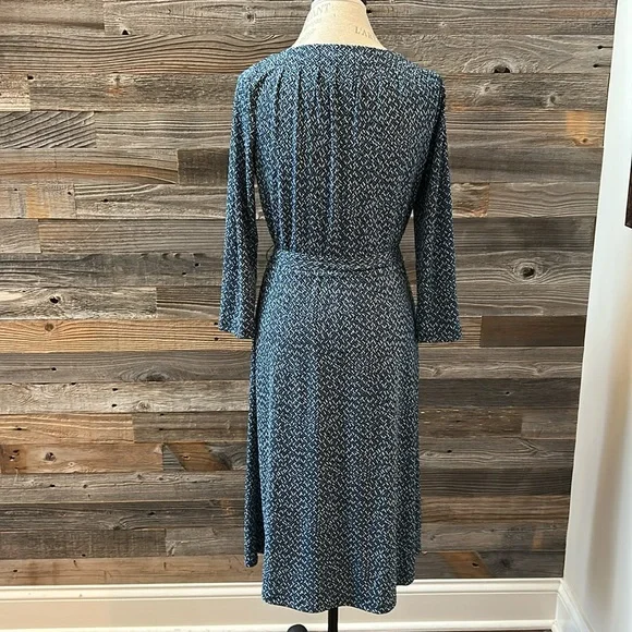 Lands End Blue Patterned Midi Tie Waist 3/4 Length Sleeve Dress Size XS 2-4 - Picture 5 of 9